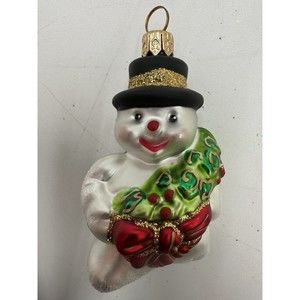 Snowman Glass Ornament Poland Handblown Red Bow Black Hat 3.5” Very Cute Mini